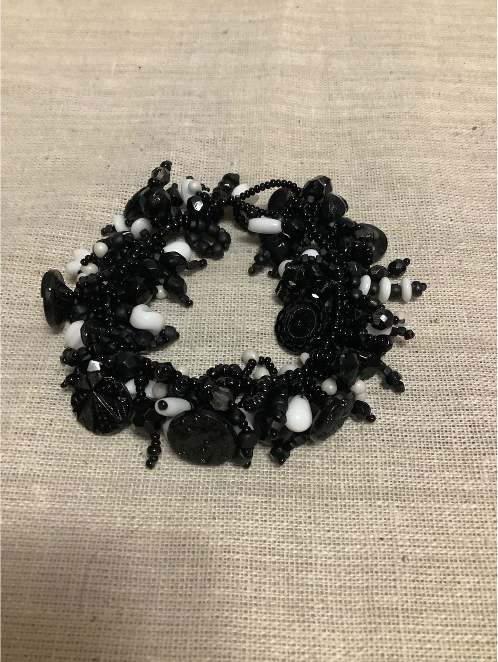 Black White Beaded Cha Cha Bracelet Wide Statement Art to Wear 7” button closure